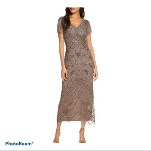 Pisarro Nights Beaded Mesh Column Gown Taupe 20W